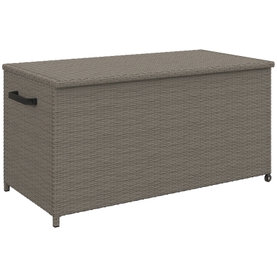 Outsunny Garten-Aufbewahrungsbox aus wetterbeständigem Polyrattan, Auflagenbox im Freien 184 L Gasdruckfedern, UV-beständig 102x52x52cm Grau