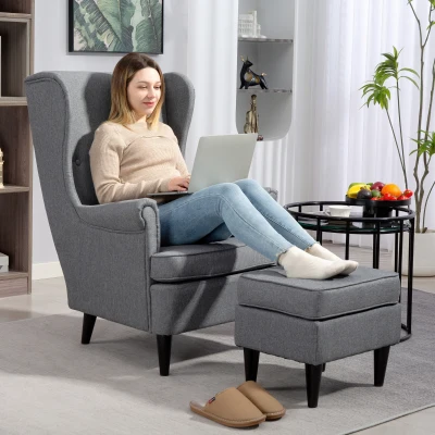 HOMCOM Poltroncina da Camera in Tessuto con Pouf e Cuscino Grigio