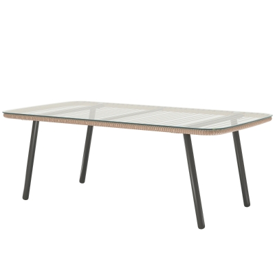 Outsunny Garten-Couchtisch mit 5 mm dickem gehärtetem Glas-Plateau, Beistelltisch für Draußen, Stahlrahmen, natürliche Holzoptik