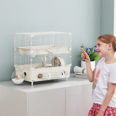 PawHut Hamsterkäfig mit 2 Ebenen und 3 Türen mit Rad und Röhren, aus Stahl, PS und PP, 44,5x28x44 cm, Creme und Weiß