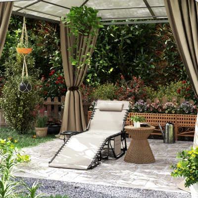 Outsunny Gartenliegestuhl Faltbar und in 5 Positionen verstellbar mit Seitentisch und Tasche, 60x190x31 cm, Cremeweiß