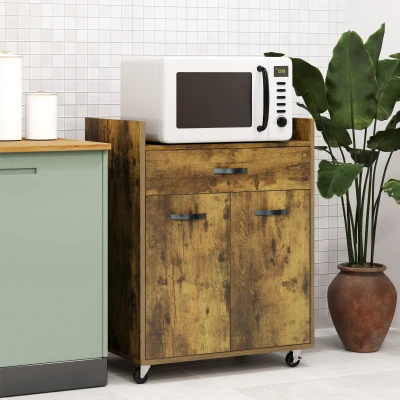 HOMCOM Küchenwagen mit Schublade, Schrank und 4 Rollen aus Holz, 60x40x77cm, Rustikales Braun