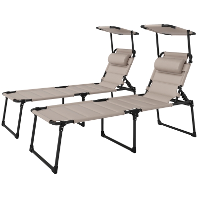 Outsunny Lot von 2 Sonnenliegen, klappbare Liegestühle mit verstellbaren mehrfach positionierbaren Rückenlehnen und Sonnenschutz, Kaki