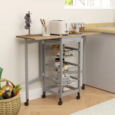 HOMCOM Küchenwagen mit 3 Körben, Schublade und 2 Klappen, aus Holz und Metall, 37x37x77.5 cm, Grau und Eiche