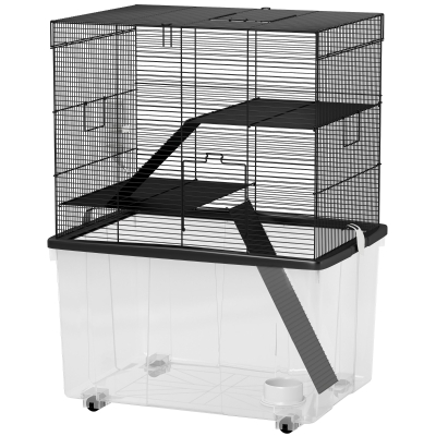 PawHut Hamsterkäfig 3 Etagen mit Rädern, 2 Plattformen, Rampen, Napf und Trinkflasche, 58x43x74 cm, Schwarz