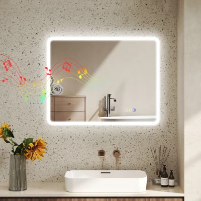 HOMCOM Badezimmerspiegel LED Bluetooth 70 x 90 cm Touchschalter Licht einstellbar 3 Farben Anti-Beschlag Speicher Silber