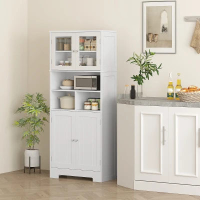 HOMCOM Küchenschrank mit 2 Schränken und 3 offenen Fächern, Glastüren und verstellbaren Regalen, 60x30x145.5 cm, Weiß
