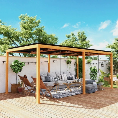 Outsunny Pergola 3 x 6 m Gartenpergola im Freien Pavillon mit verstellbaren Lamellendächern aus Aluminium Haken Naturholz