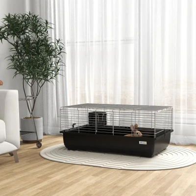 PawHut Kaninchenkäfig mit 2 Türen und herausnehmbarer Schale, aus Metall und PP-Kunststoff, 100x55x41 cm, Schwarz und Silber