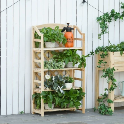Outsunny Pflanzenregal für den Außenbereich, Klappbare Balkonblumenkiste mit 4 verstellbaren Regalen, Garten- und Wohnmöbel aus Holz, 67x33x123cm
