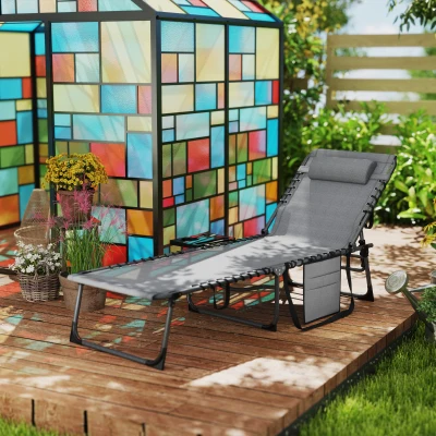 Outsunny Gartenliegestuhl Faltbar und Verstellbar in 5 Positionen mit Seitentisch und Tasche, 60x190x31 cm, Grau und Schwarz