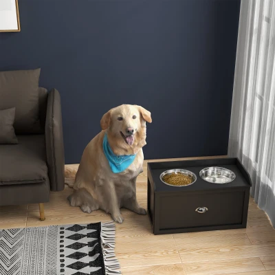 PawHut Erhöhte Hundeschalen aus Edelstahl und Holz mit Schublade, 60x30x36cm, Schwarz