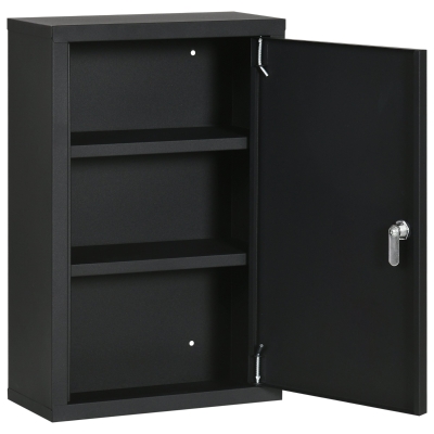 kleankin Medizinschrank mit 3 Regalen und Schloss mit Schlüssel aus Stahl, 30x14x46cm, Schwarz