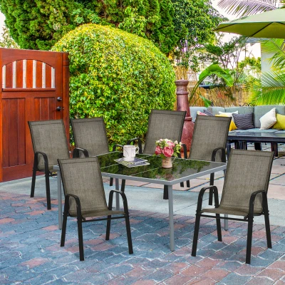 Outsunny Gartenstühle Set 6 Stück, Stapelbare Outdoor-Stühle aus Metall und atmungsaktivem Netzgewebe, Braun