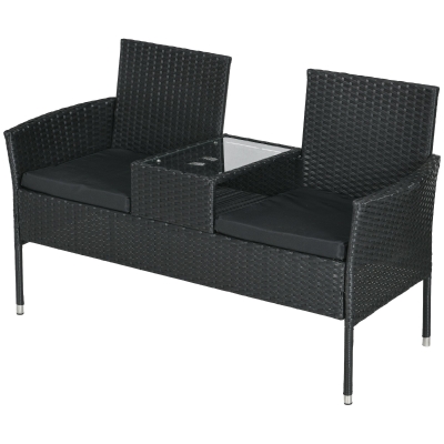 Outsunny Gartensofa 2-Sitzer mit Kaffeetisch, aus Stahl und Rattan PE, 137x59x82 cm, Schwarz