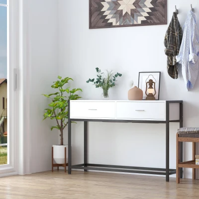 HOMCOM Konsolentisch für Eingangsbereich mit 2 Schubladen, Weiße Holzplatte und Schwarze Metallbeine 120x34x81cm