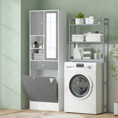 HOMCOM Armário de Casa de Banho com Cesto para Roupa Suja Espelho Gaveta e Prateleiras Ajustáveis 62x28,3x181 cm Branco e Cinza