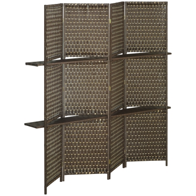 HOMCOM Innenraum-Paravent Raumteiler 4 Paneelen 2 Regale Kiefernholz geflochtene Papierschnüre 181 x 180 cm Braun