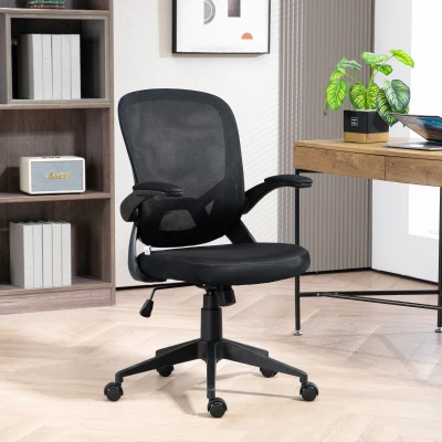 HOMCOM Ergonomischer Bürostuhl mit Höhenverstellung, Klappbaren Armlehnen und Netzstoff, Schwarz