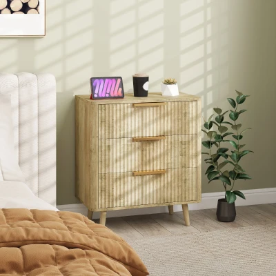 HOMCOM Commode 3 Tiroirs Bois Cannelé Chêne Chambre/Salon