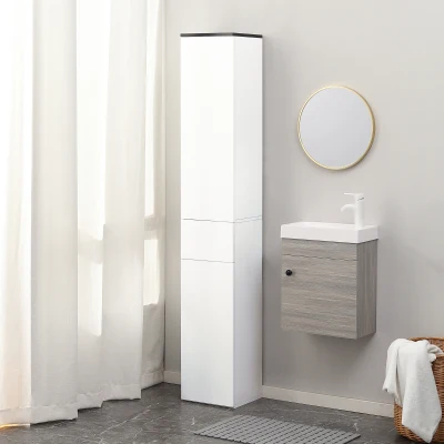 kleankin Badezimmerschrank mit verstellbarem Regal, 2 geschlossenen Regalen und einer Schublade aus Holz, 30x28x180 cm, Weiß