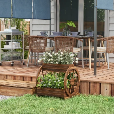 Outsunny Gartenpflanzwanne aus Holz im Landhausstil mit 2 Etagen und 3 Töpfen und Wagenrädern, 64x54x60cm