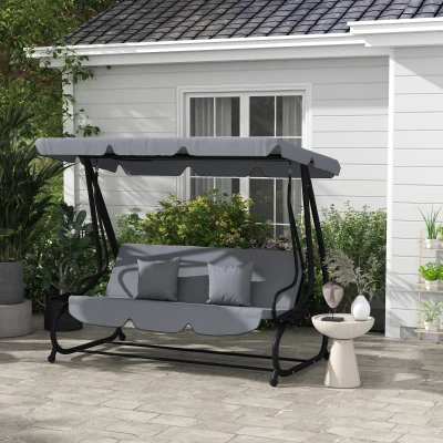 Outsunny Garten-Schaukelbank 3-Sitzer umbaubarer Neigbarer Dach 2 Seitenablagen 2 x 1,2 x 1,64 m Stahl Dunkelgrau