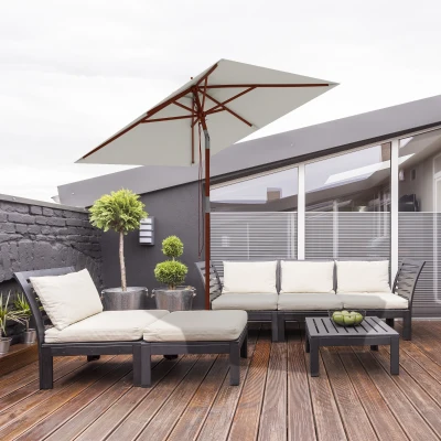Outsunny Rechteckiger Neigbarer Sonnenschirm 2x1,5 m mit 6 Streben und Seilöffnung, aus Bambus und Polyester Beige
