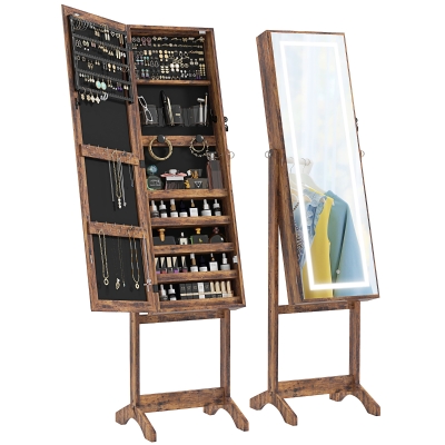 HOMCOM Schmuckschrank LED mit Standspiegel Schmuckaufbewahrung mit Touchscreen-Beleuchtung Braun