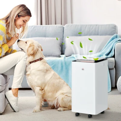 HOMCOM Luftentfeuchter Portable von 10L mit 5 Modi, 2 Geschwindigkeiten, 24-Stunden-Timer und Rädern, 25x25x50.5cm, Weiß