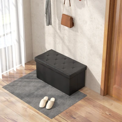 HOMCOM Aufbewahrungsbank 84L klappbar, gepolsterter Deckel aus Kunstleder, 76x38x38cm, Schwarz