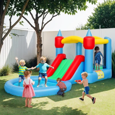 AIYAPLAY Aufblasbares Schloss 4-in-1 mit Rutsche, Basketballkorb, Bällebad, Gebläse 370W, 415 x 205 x 190 cm