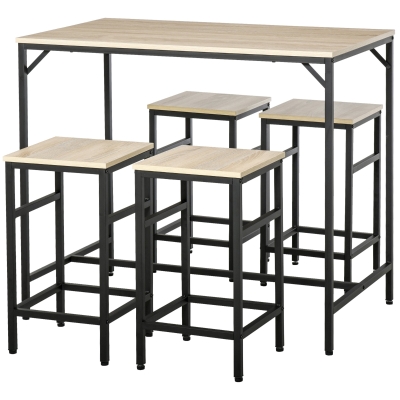 HOMCOM Hoch Tisch Set mit 4 Barhockern im Industrial Stil aus Metall und Holz, Hell Eiche