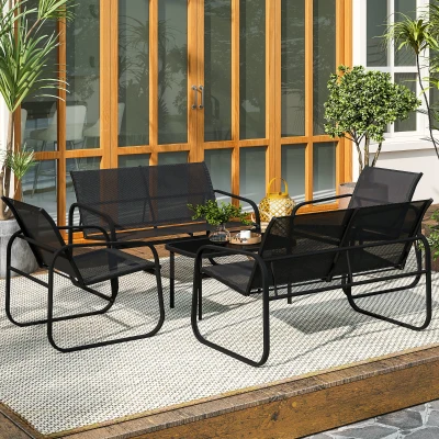 Outsunny Gartenmöbel-Set für den Außenbereich 5 Stück aus Stahl und Textilene mit Sofas, 2 Sesseln und gehärteter Glas-Couchtisch, Grau