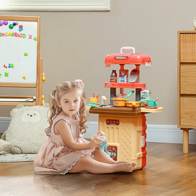 AIYAPLAY Kinder Spielküche 3 in 1 mit 36 Teilen inkl. Bestecktisch, Esstisch und Wagen, aus PP und ABS, 48x26x64 cm