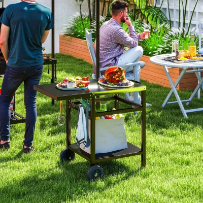Outsunny Grillwagen mit Edelstahl-Arbeitsplatte und klappbarem Tisch, Rädern und Haken, 91x58x76 cm, Schwarz