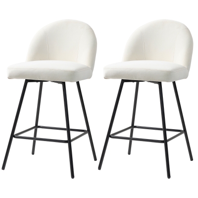 HOMCOM Set von 2 Barhockern mit Rückenlehne aus Samt und Stahl-Fußstütze, Creme