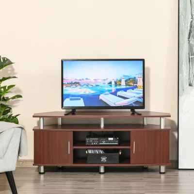 HOMCOM TV-Ständer für Wohnzimmer mit 2 Regalen und 2 Schränken, aus MDF und Edelstahl, Braun, 120x39,5x52cm