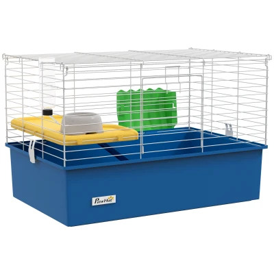 PawHut Gaiola para Visons com Bandeja Gaiola para Animais Pequenos com Plataforma Rampa Comedouro e Bebedouro 71x46x47 cm Branco e Azul