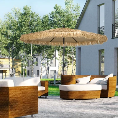 Outsunny Runder Garten-Sonnenschirm mit Strohabdeckung und Kurbel, Ø265x250 cm, Khaki