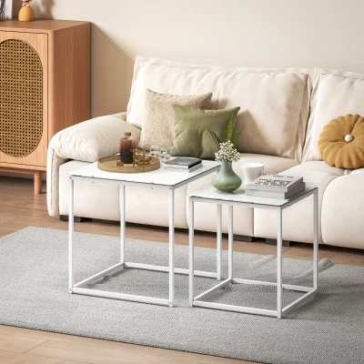HOMCOM Nest of Tables, Set of 2 Coffee Table, Side Tables with Tempered Glass Desktop and Metal Frame for Living Room, Bedroom, Office, White