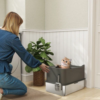 PawHut Stainless Steel Enclosed Cat Litter Box Dark Grey