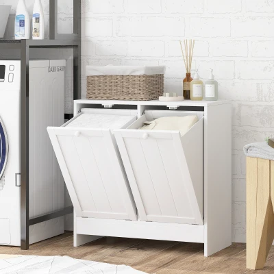 Kleankin Double Hamper Laundry Storage Cabinet White