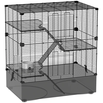 PawHut Gaiola para Pequenos Animais de 4 Níveis com Bandeja Inferior Gaiola para Roedores com Rampas Comedouro e Bebedouro 73x47x80 cm Preto