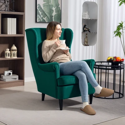 HOMCOM Velvet Wingback Accent Chair Wood Legs Dark Green
