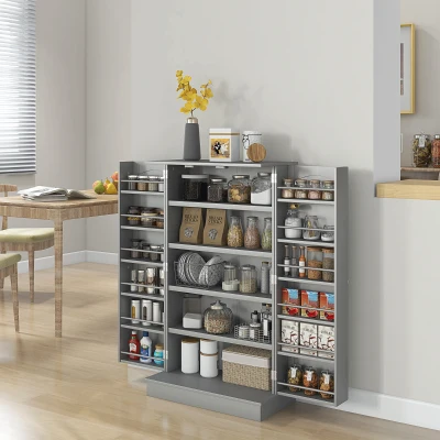 HOMCOM Küchenmöbel Küchenschrank Speisekammer 2 Türen mit 5 Regalen und 12 Gewürzregalen - 60 x 30 x 104 cm - grau