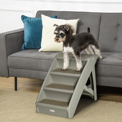 PawHut Hundeleiter Klappbar mit 4 rutschfesten Stufen, Leiter für Haustiere bis 10 kg, 62x38x49,5 cm, Grau