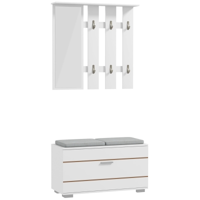 HOMCOM Set Möbel für den Eingangsbereich mit Garderobe, Spiegel, Bank mit Kissen und Schuhschrank für 8 Paar Schuhe, Weiß