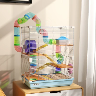 PawHut Hamsterkäfig mit 5 Etagen inkl. Röhren, Rad, Leitern, Häuschen und Flasche, aus Metall, PP und PS, 46x30x58 cm