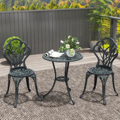 Outsunny Gartenmöbelset 2 Personen 2 Stühle + Runder Tisch Aluminiumguss Imitation Schmiedeeisen Grün